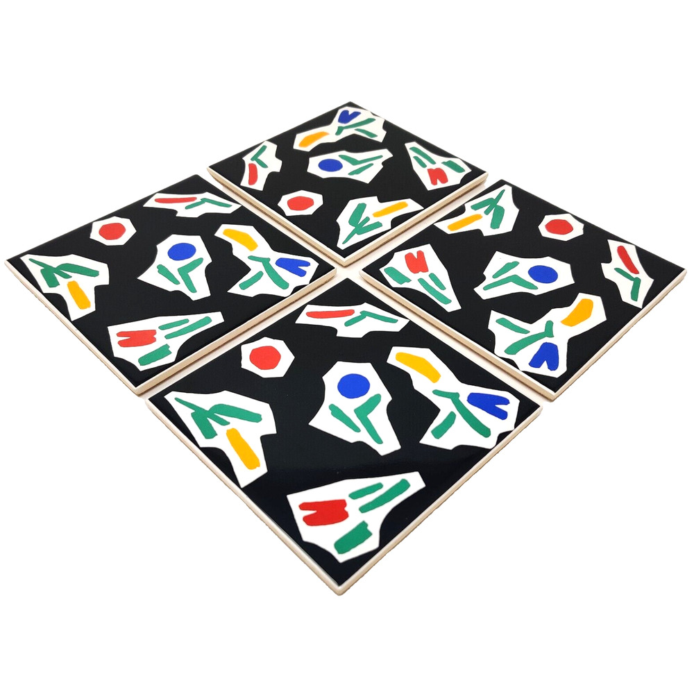 4x Block L. Silva Ceramic Tile Coasters Trivet Cork Retro Modern Pop Art 80s 90s